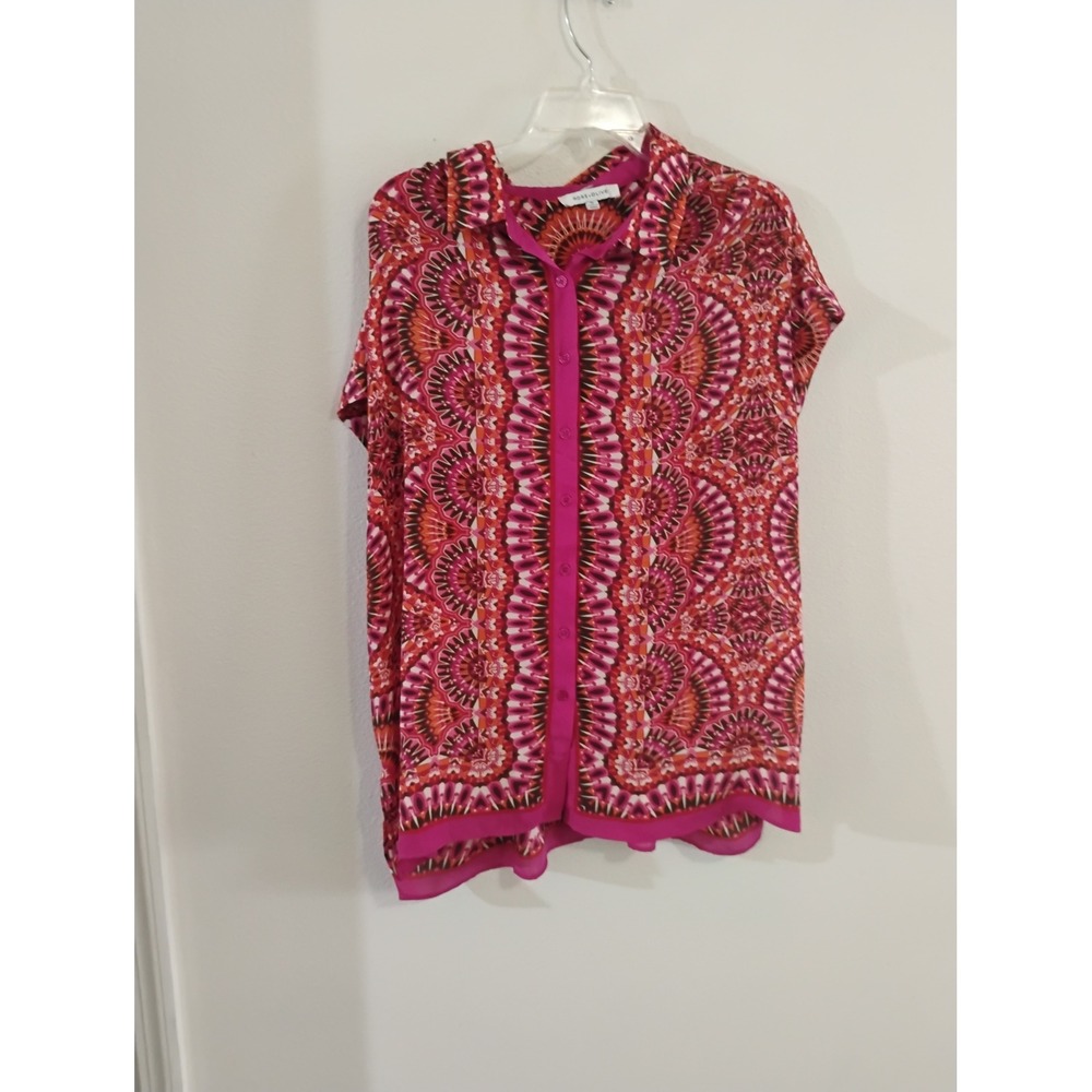 Rose + Olive Pink Orange Medallion Print Button Down Top 1X Short Sleeve Blouse